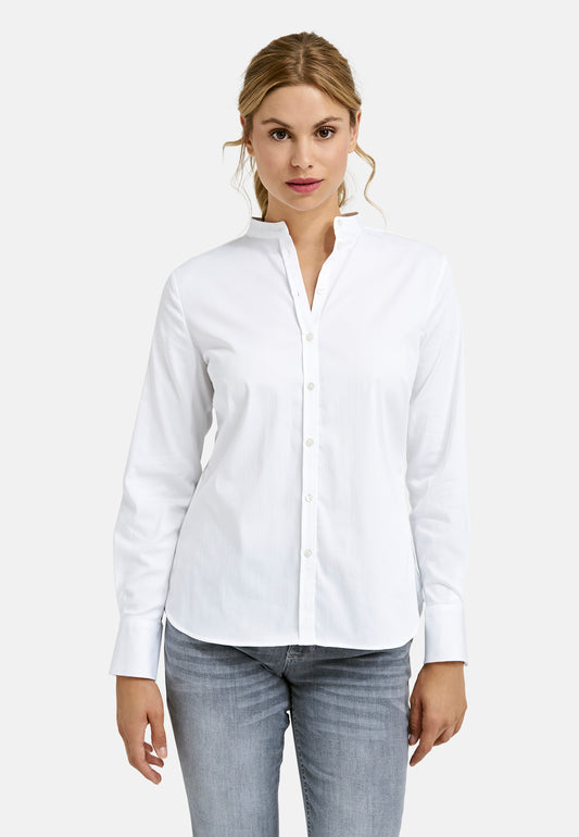 Blouse w stand up collar, placket, rounded hem + 1/1 sleeve